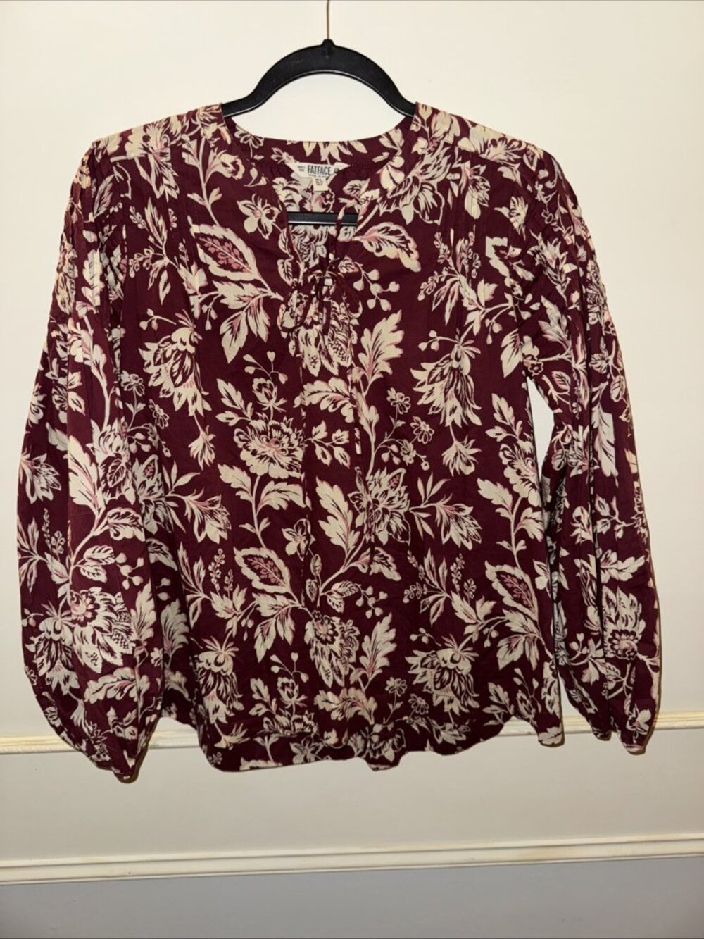 Fat Face Top Women's 4 NWOT Burgundy Peasant Popover Cottagecore Pilgrim Floral